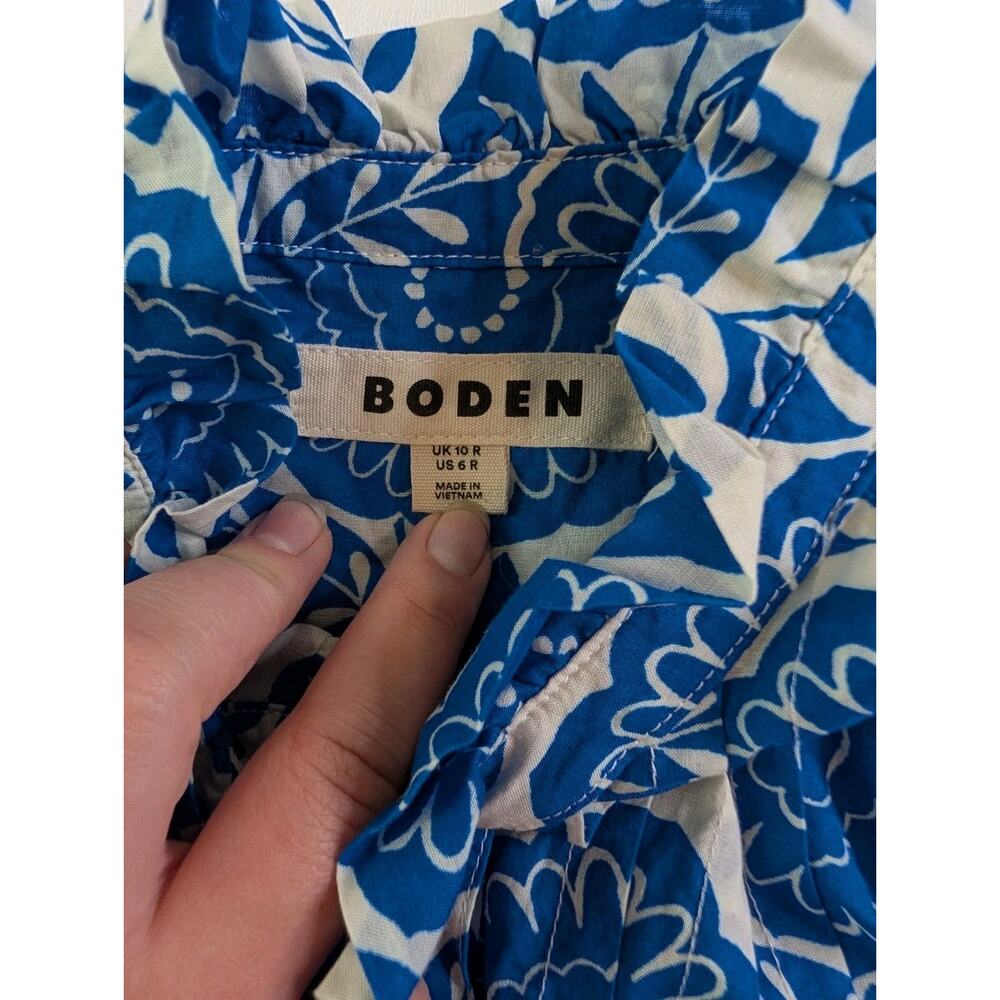 Boden Felicity Cotton Blouse - White & Blue Floral Button-Up Ruffles Sz 6 - Picture 5 of 10